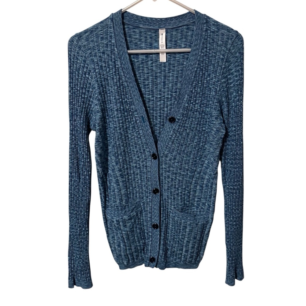 Athleta Revolve Cardigan L Blue Ribbed Knit Button-Front Pocket Sweater